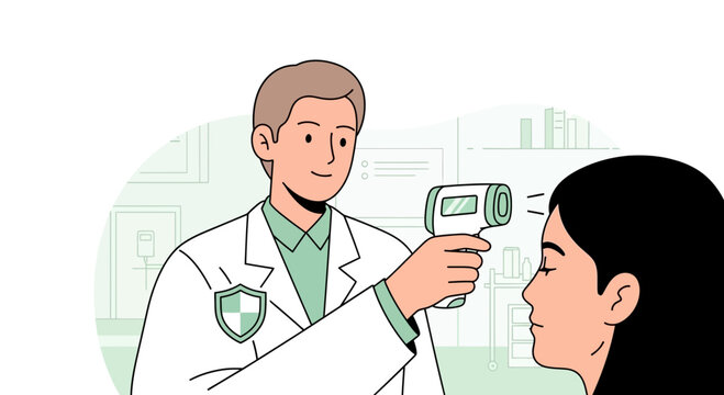 Doctor measures woman's temperature with infrared thermometer. Medical checkup illustration.