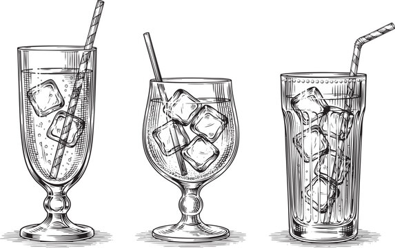 Refreshing cold drinks in tall glasses with ice cubes and straws, sketched vintage style.
