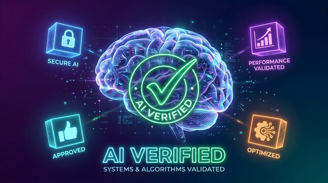 Ai verified brain with checkmark, secure, approved, performance, optimized symbols.