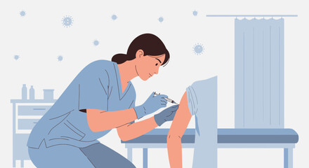 Fototapeta premium Nurse administering vaccine injection to patient arm in clinic - vector illustration