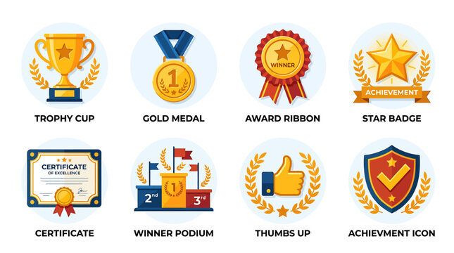 A collection of achievement symbols including a trophy cup, gold medal, award ribbon, star badge, certificate, winner podium, thumbs up, and achievement icon on a decorative background.