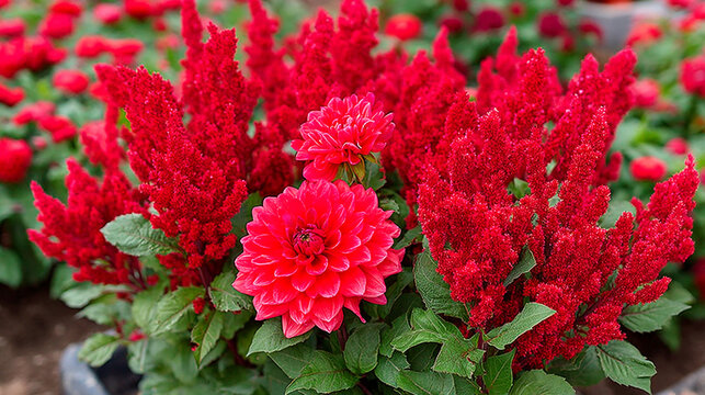 Red celosia flowers and blooming dahlia in garden with cockscomb blooming botanical ornamental