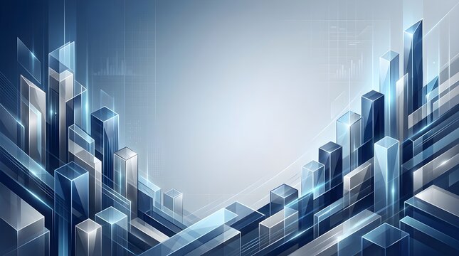 Abstract blue and silver geometric background featuring rising 3D bar charts and financial graphs, perfectly representing stock market data analysis, economic growth, and corporate success.