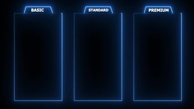 glowing neon blue Basic, Standard, and Premium package subscription tiers, Animation. Pricing and Features, Pricing plans table, pricing chart, price list for web or app tech concept 4k video.