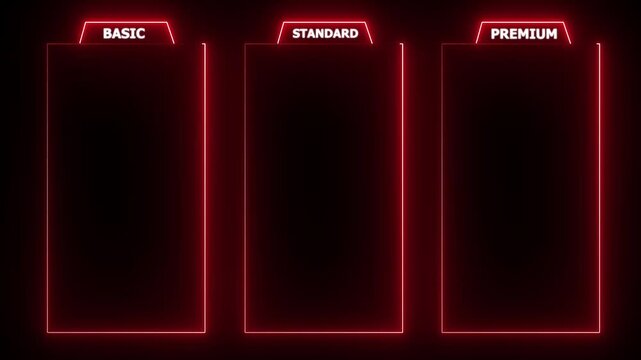 glowing neon red Basic, Standard, and premium Package subscription tiers, Animation. Pricing and Features, Pricing plans table, pricing chart, price list for web or app tech concept 4k video.