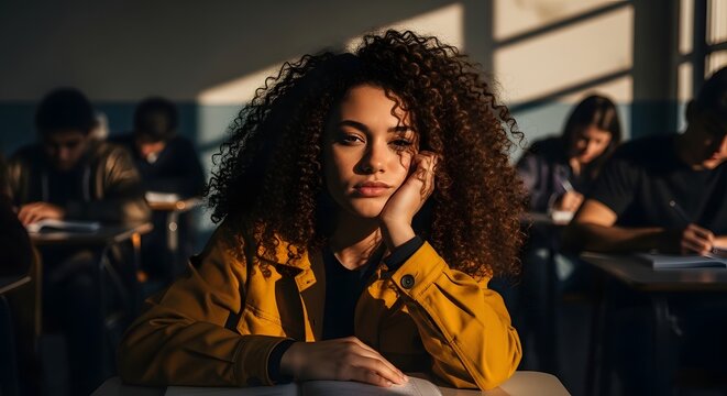 Young woman with curly hair sitting at a desk in a sunlit classroom, looking bored and tired during a lecture
