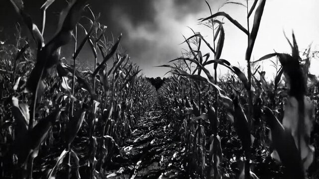 Eerie black and white low angle view walking down path through tall corn stalks ominous cloudy sky
