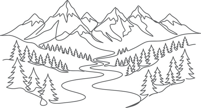 Serene mountain landscape with winding river and pine trees in a simple line art style on a white background for coloring book