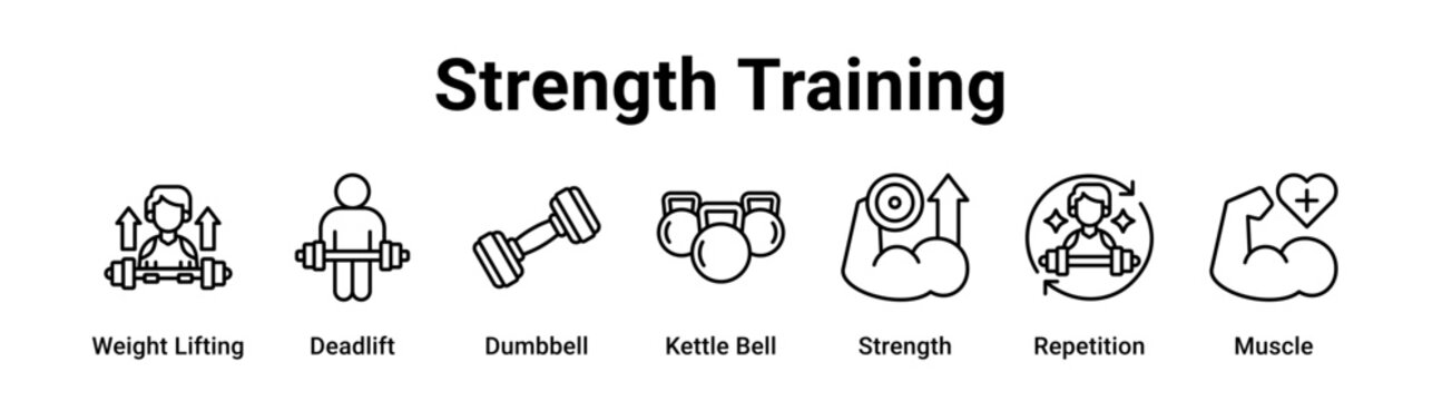 Strength Training web banner icon vector illustration concept for sport with icon of Weight Lifting, Deadlift, Dumbbell, Kettle Bell, Strength.