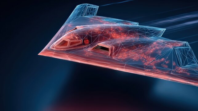 Aerodynamic design of a futuristic stealth bomber, visualized through a wireframe overlay and heatmap. ..Created with Generative AI, not depicting real subjects.