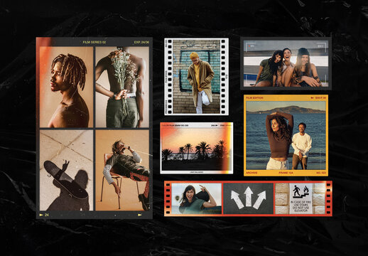 Vintage Film Frame Mockup Template Set, Retro Photo Border Overlays, Analog Film Strip