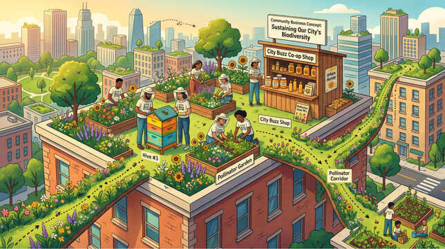 Urban rooftop beekeeping and pollinator corridor illustration with city buzz co-op shop selling local honey beekeepers tending beehives and rooftop flower gardens vector art