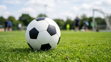 Fototapeta premium Soccer Ball on Green Grass Training Field, Football Practice and Sports Equipment Concept