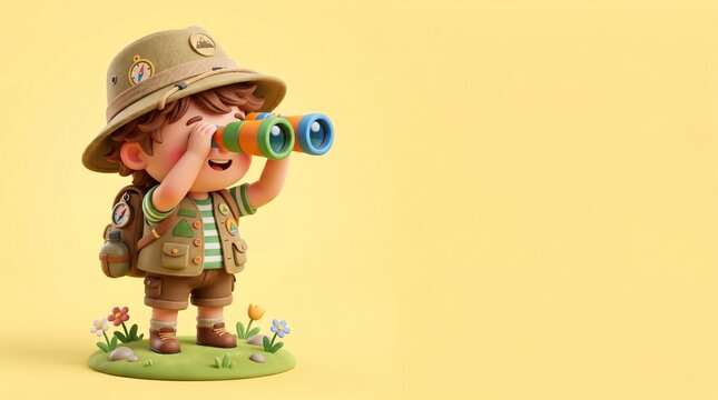 3D cartoon boy explorer in a pith hat looking through binoculars on a yellow background with flowers, scout, adventure, discovery, journey, curious.