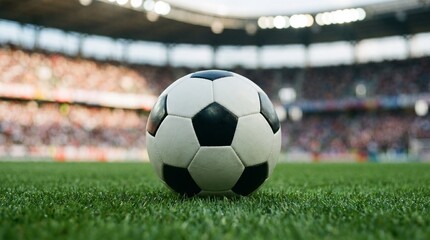 Soccer Ball on Green Grass Field in Stadium, Football Match and Sports Competition Concept © Erlangga