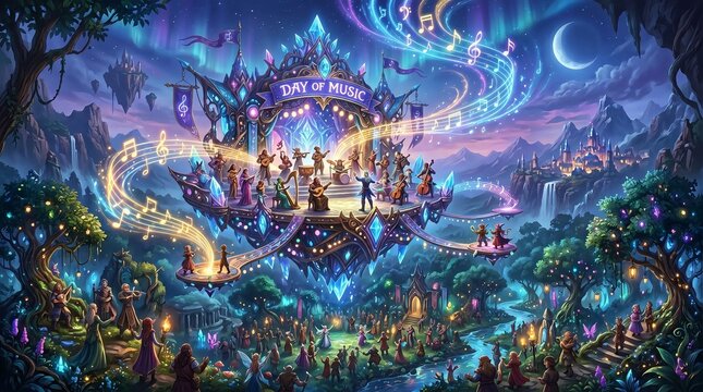 Enchanting fantasy festival with a grand stage, glowing orbs, and mystical creatures celebrating music amidst a vibrant, ethereal landscape under a moonlit sky