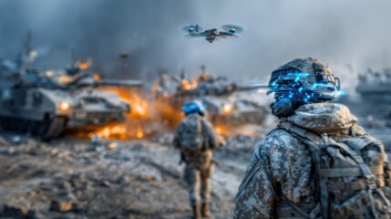Obraz premium Futuristic soldier with glowing cybernetic enhancements scans a war-torn battlefield, where tanks burn and a drone hovers overhead. ..Created with Generative AI, not depicting real subjects.