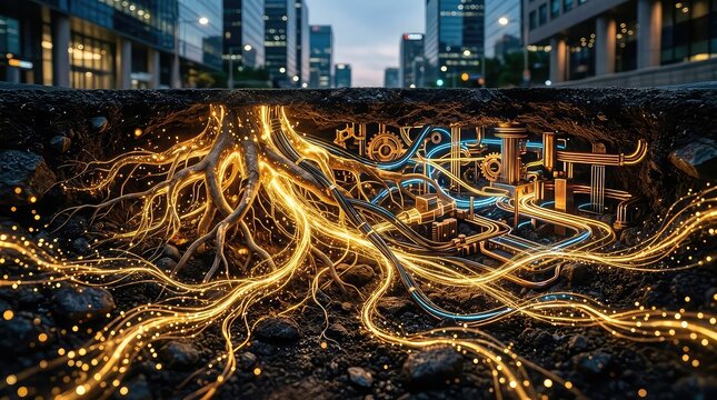Glowing urban fiber optic network cables spreading across city infrastructure at dusk