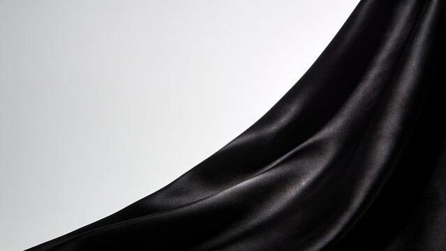 Elegant black silk fabric wave background with clean white copy space background