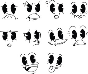 Obraz premium Cartoon Face Expressions: A collection of vintage cartoon-style faces displaying a range of emotions from joy and surprise to anger and confusion, perfect for animation and graphic design.