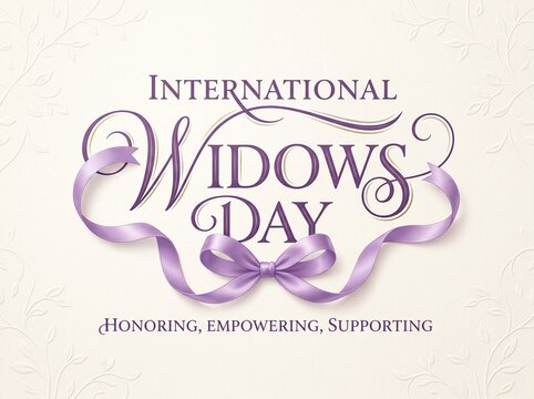 International Widows Day awareness campaign purple ribbon logo on beige background