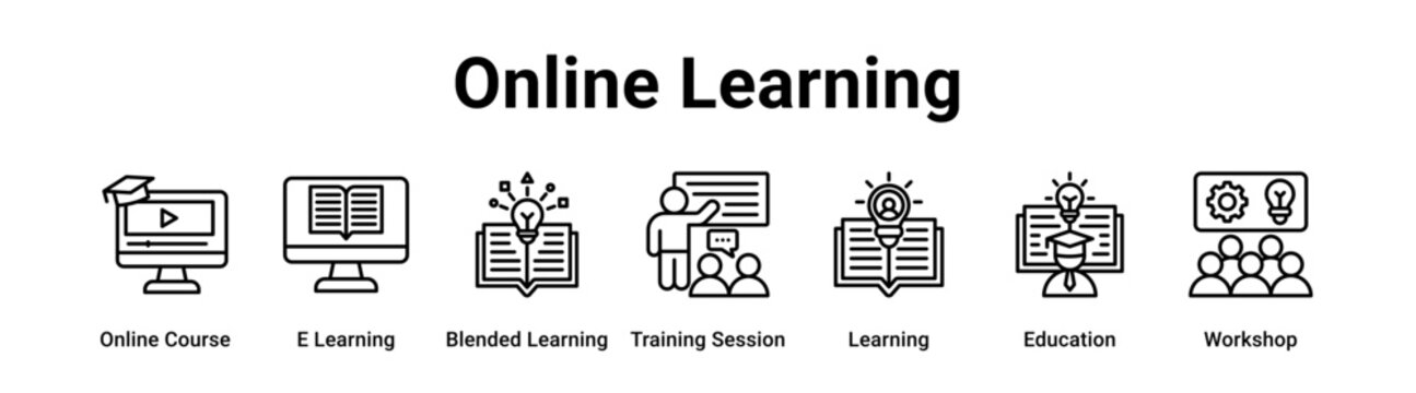 Online Learning web banner icon vector illustration concept for business with icon of Online Course, E Learning, Blended Learning, Training Session, Learning.