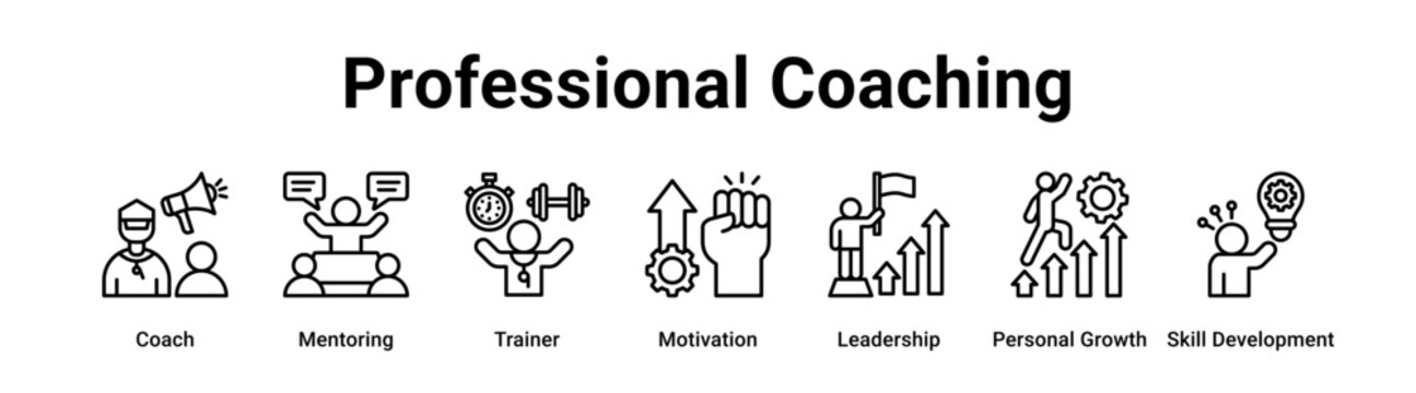 Professional Coaching web banner icon vector illustration concept for business with icon of Coach, Mentoring, Trainer, Motivation, Leadership, Personal Growth.