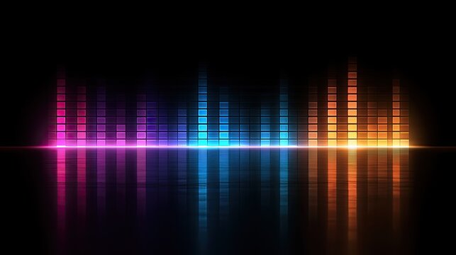 Vibrant digital audio equalizer with colorful bars on black, reflected