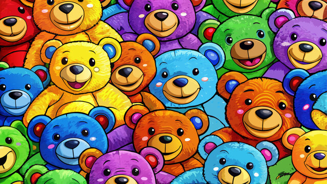 Colorful cartoon teddy bears, cute animals, vector illustration, kids graphics