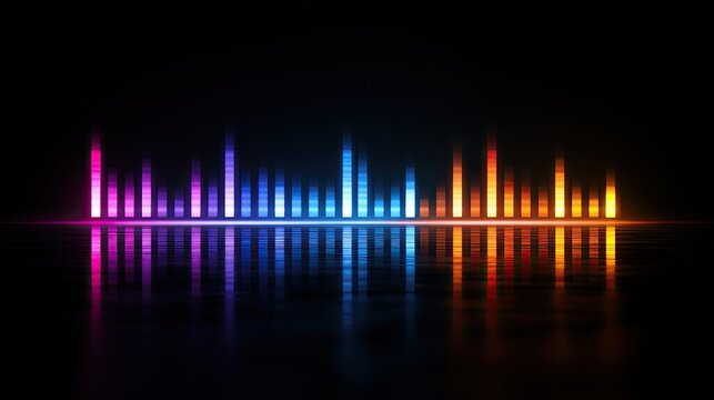 Neon light bars pulse on black, reflecting on dark surface