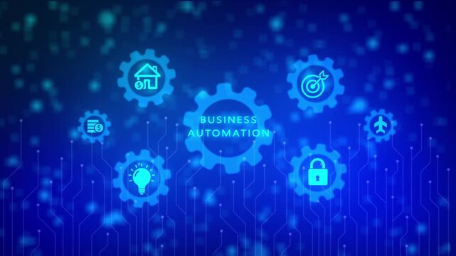 Digital network of interconnected gears and representing business automation with a central glowing text and a dark blue background with bokeh effects and circuit board patterns