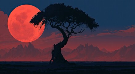 Fototapeta premium Silhouette of a solitary, twisted tree against a vibrant crimson moon and red sky