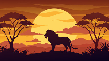 African savannah, lion silhouette, sunset landscape, vector illustration, wildlife scene, safari background © sumona