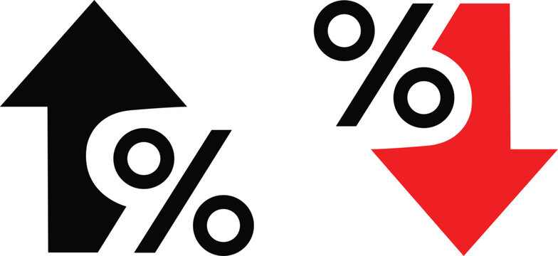 High priority financial percentage risk icons isolated on white background, solid black arrow up and bright red arrow down warning indicators vector illustration, market crash graphic