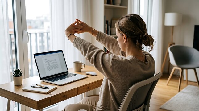Woman stretching wrists at home office desk during work break