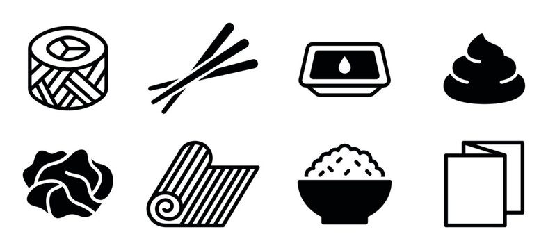 Set of black sushi food icons featuring a maki roll, chopsticks, soy sauce, wasabi, ginger, a bamboo mat, a bowl of rice, and a menu in a simple glyph style
