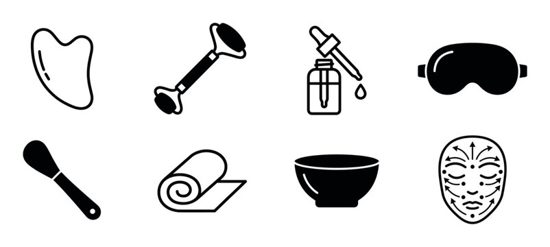 Set of skincare and facial massage icons in black, including a gua sha, face roller, serum, sleep mask, and bowl for beauty and wellness concepts in a minimalist style