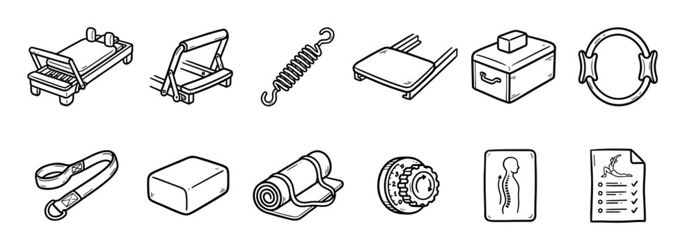 Collection of hand-drawn Pilates equipment icons in a simple black and white line art style, including a reformer, chair, spring, mat, block, and other fitness accessories for exercise