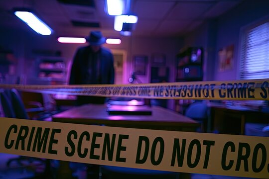 Yellow crime scene tape in dimly lit room, figure in hat blurred in background