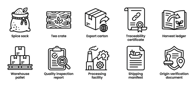 Collection of black line icons representing supply chain management, including a spice sack, tea crate, export carton, traceability certificate, and quality inspection report