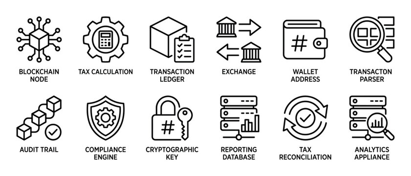 Set of black line art icons for blockchain and cryptocurrency technology, illustrating concepts like tax calculation, transaction ledger, wallet address, and cryptographic key security