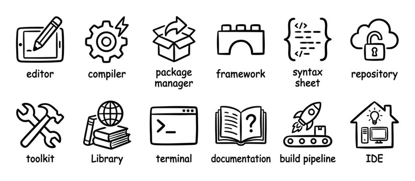 Set of hand-drawn software development icons illustrating key programming concepts like editor, compiler, repository, and IDE in a simple black and white doodle style for web creation