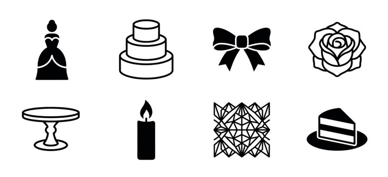 Set of black wedding celebration icons including a gown, tiered cake, bow, rose, stand, candle, and slice of dessert in a minimalist graphic style for event planning