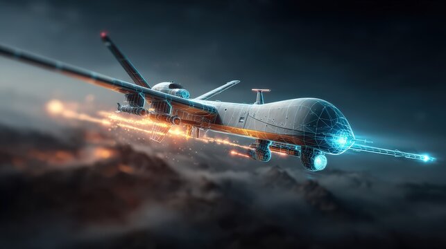A futuristic military drone with glowing blue lights and fiery trails soars through a cloudy, dramatic sky. ..Created with Generative AI, not depicting real subjects.