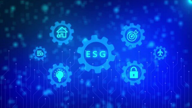 Conceptual representing ESG principles with interconnected gears and on a dark blue digital background featuring bokeh and circuit board