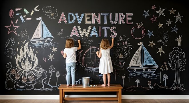 Two children drawing adventurethemed illustrations with colorful chalk on a large black chalkboard wall in a playroom