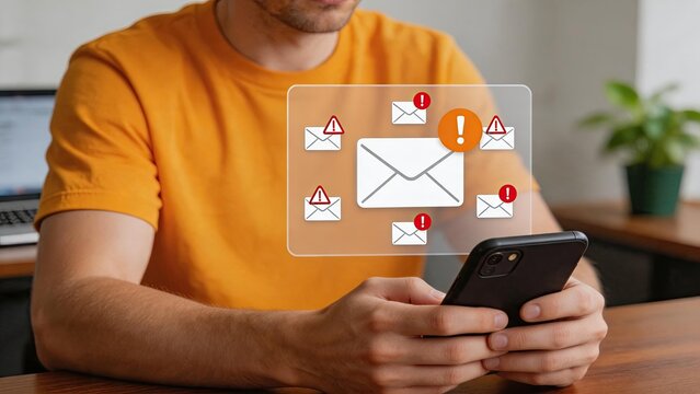 Man using smartphone with holographic email notification icons showing alerts and warnings, digital communication overload and message management concept.