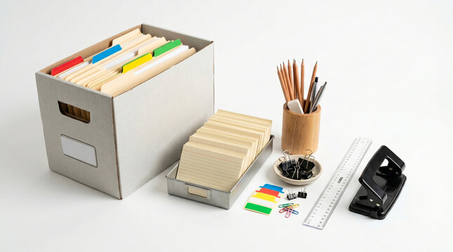 Professional office filing system with manila folders in storage box, organized business documents and stationery supplies on white background