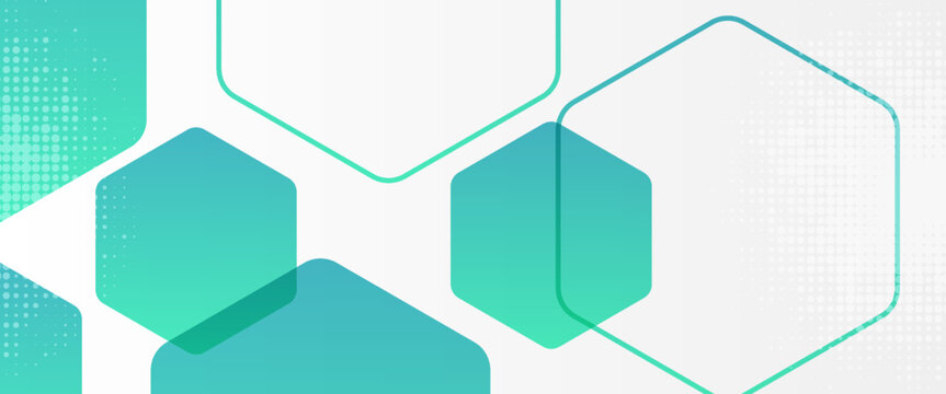 Abstract white background with turquoise green hexagon shapes and halftone dots effect minimal geometric tech banner for medical corporate business presentation vector