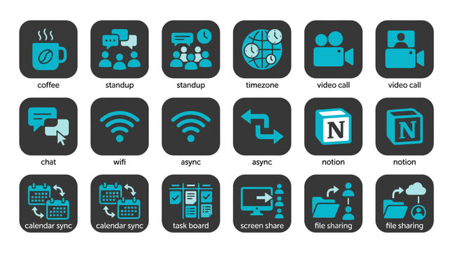 Set of 15 modern flat icons for business, technology, and productivity. Includes coffee, chat, WiFi, calendar, tasks, and video calls.